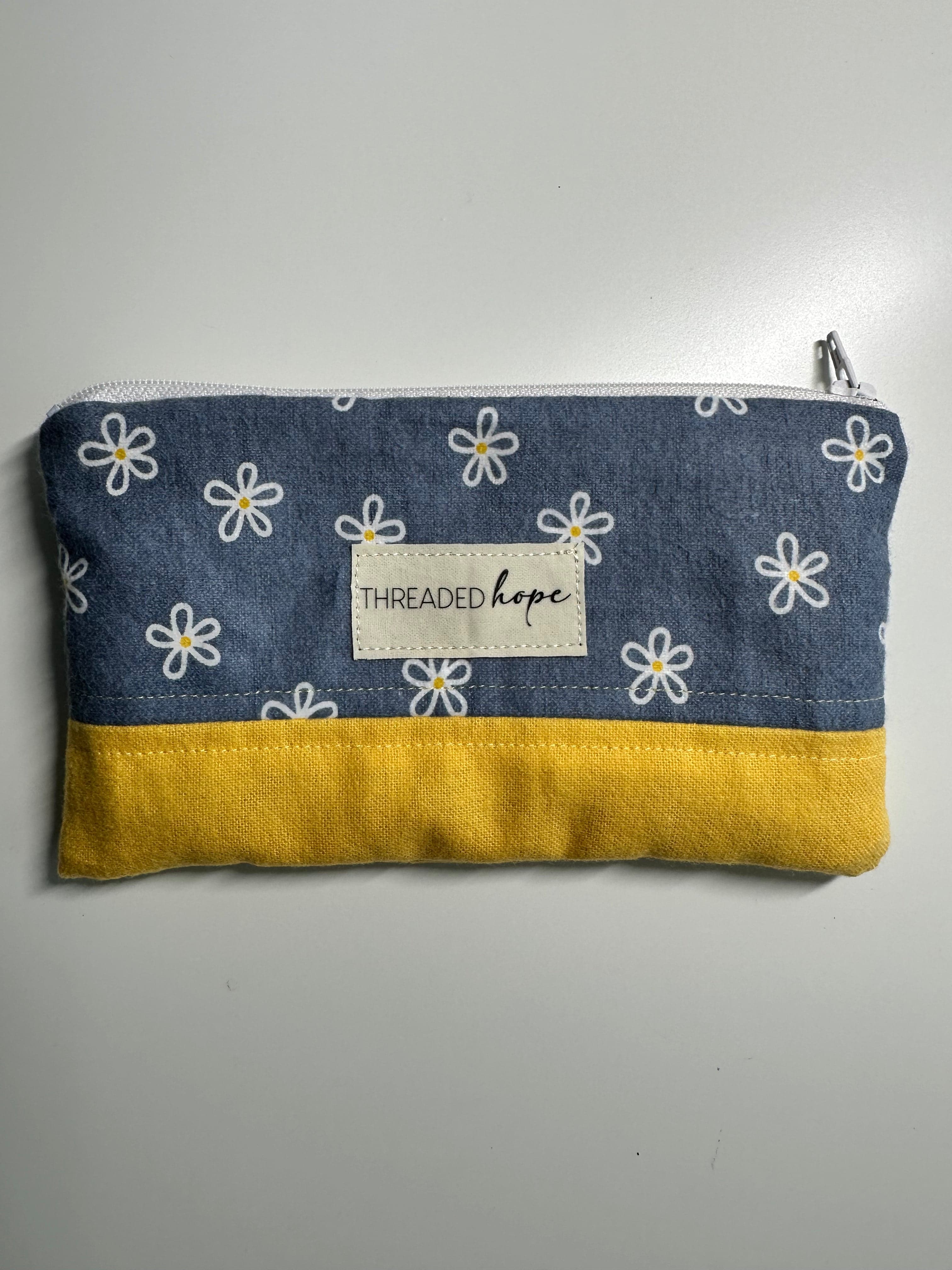Blue/Yellow Handmade Flannel Zipper Pouch (7” x 4”)