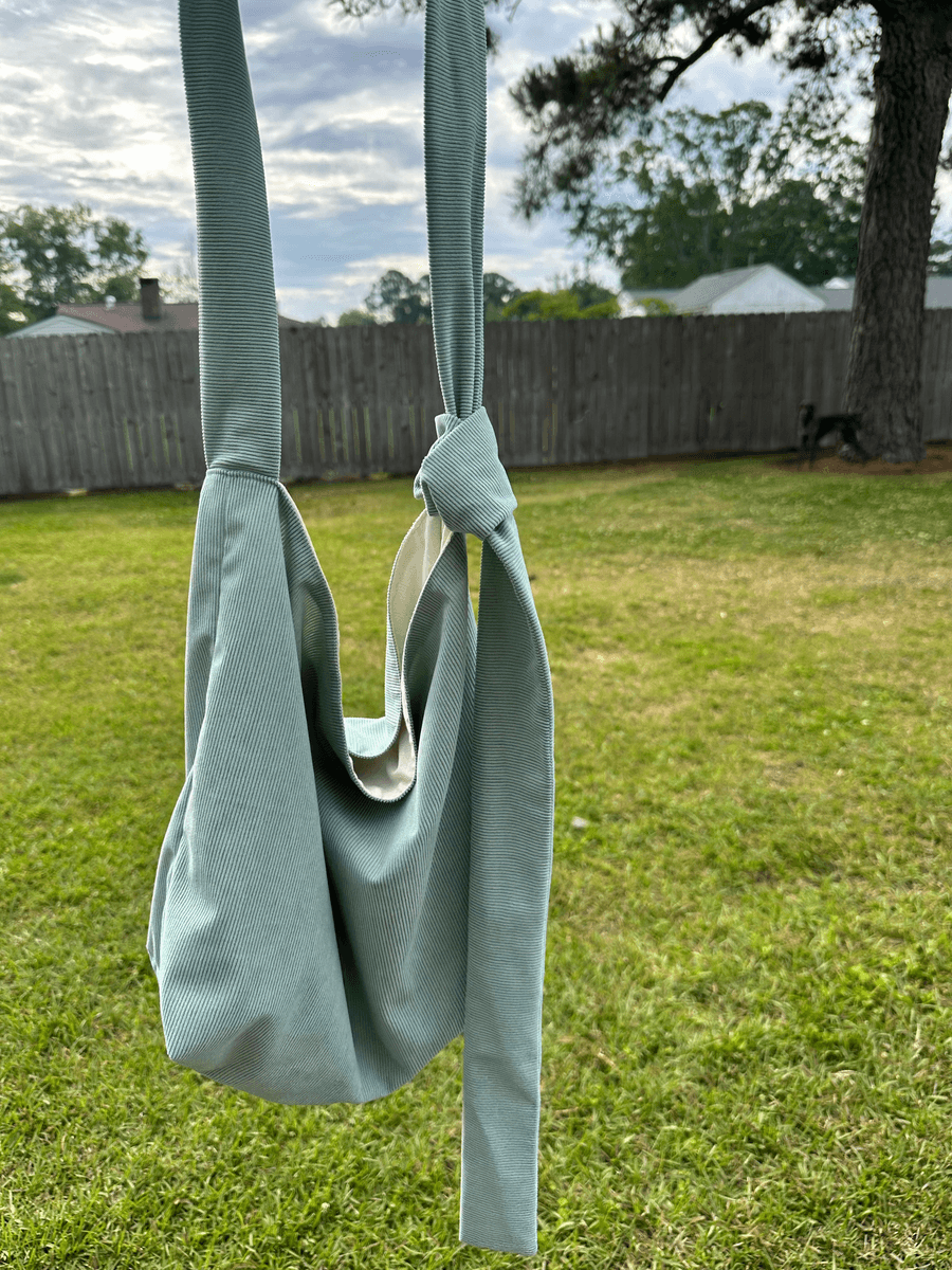 Green Corduroy Slouchy Shoulder Bag with Adjustable Strap & Interior Pocket