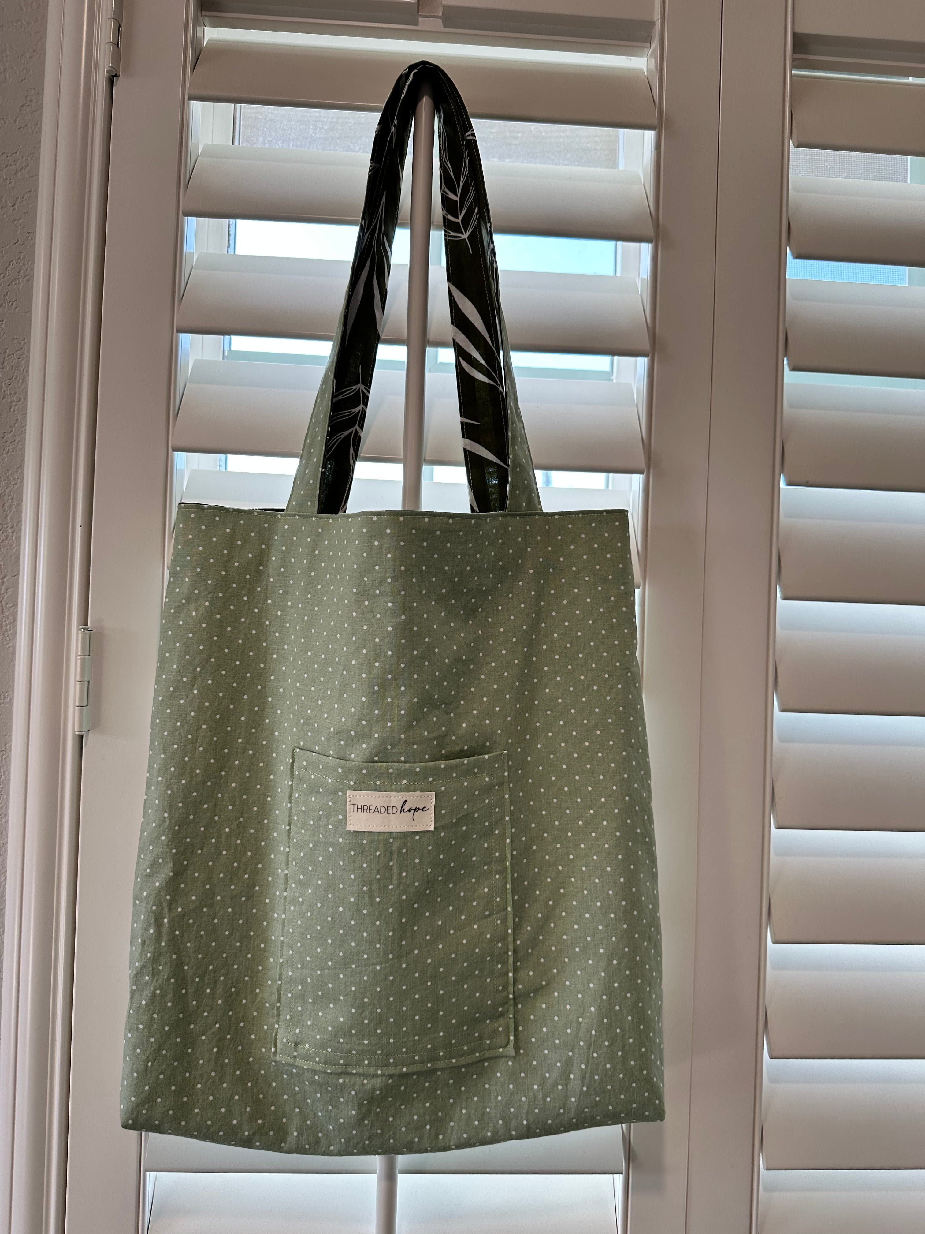 Green Reversible Handmade Cotton Tote Bag with Pocket (14” x 14.5”)