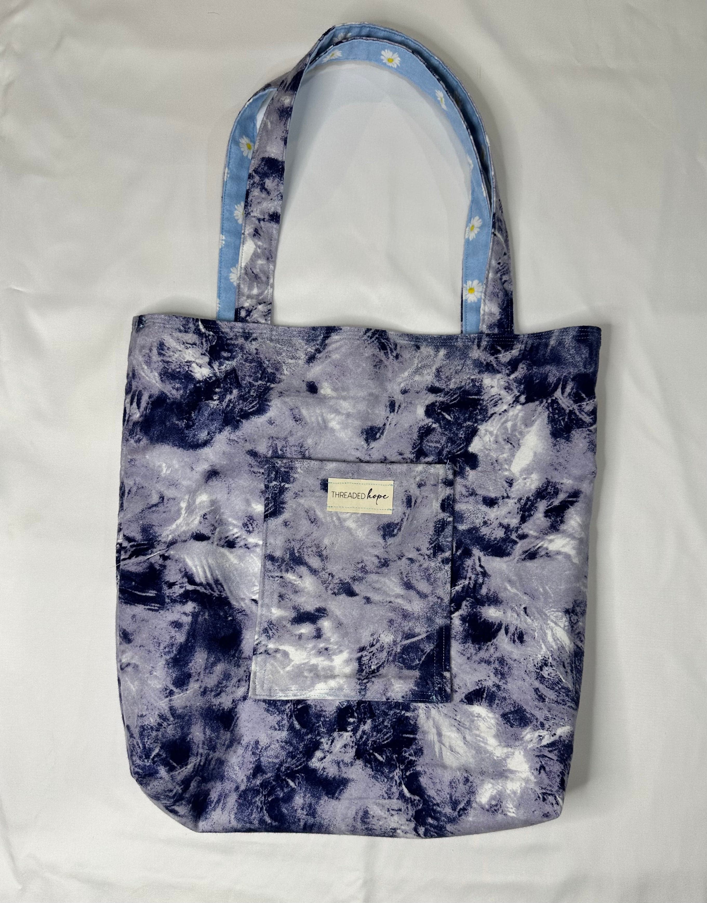 Purple Tie Dye/Light Blue Floral Handmade Reversible Flannel Tote Bag (14” x 14.5”)