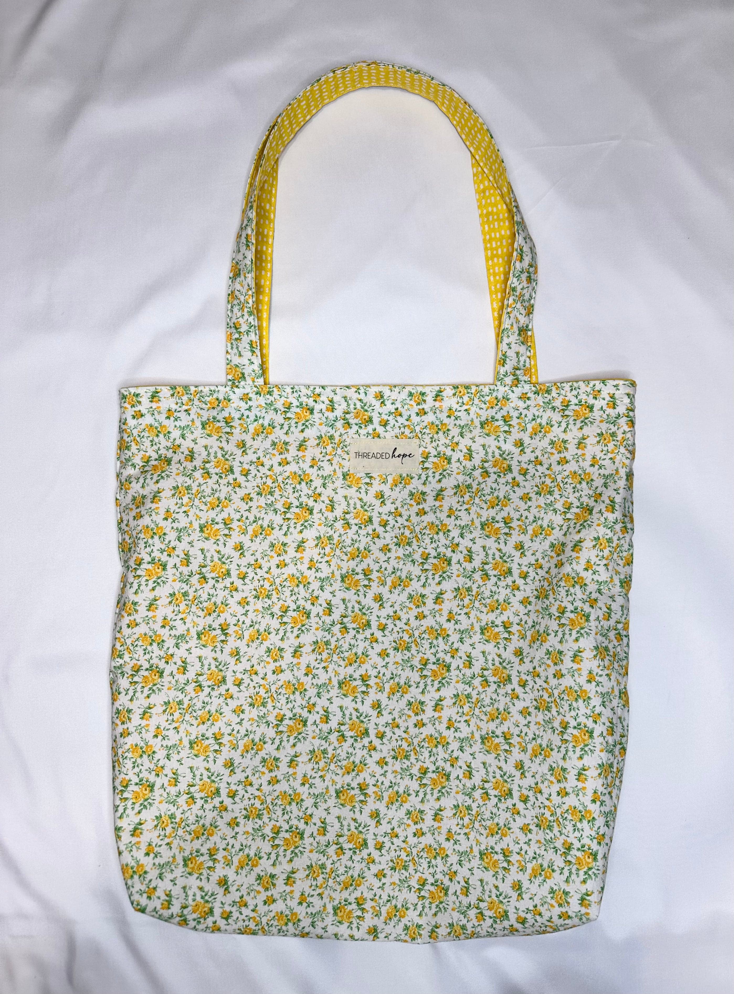 Reversible Floral/Yellow Cotton Tote Bag (14x14.5)